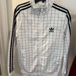 Adidas White Jacket with Black Grid Pattern